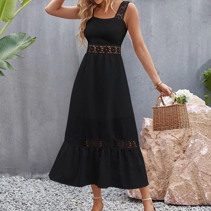 vmtvr  -  Women's Summer New Fashion Solid Hollow Out Lace Spliced Square Neck Sleeveless High Waisted Pullover A-line Strap Midi Dresses