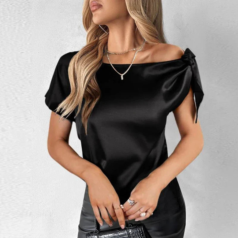 vmtvr Chic Fashion Solid Color Satin Party Blouses Women Sexy Slash Neck Lace-up Shirts Spring Summer Short Sleeve Hollow Top Pullover