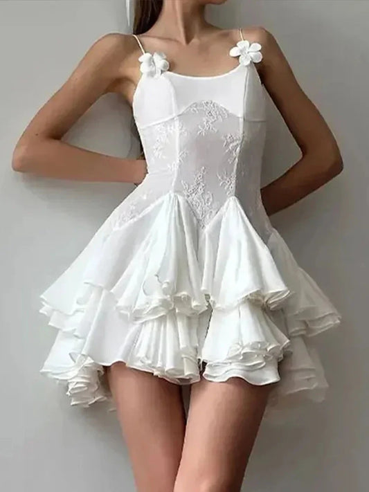 vmtvr  -  Satin Mini White Dress Women Spaghetti Strap Ruffles Backless Pleated A-line Dresses Summer Banquet Evening Party Looks