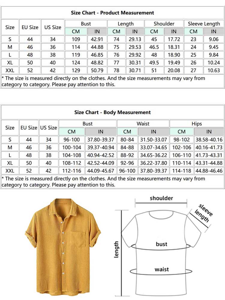 jiaabc Men's Shirt Corduroy Short Sleeve Blouses Casual Solid Streetwear Shirts Summer Ribbed Plain Button Y2K Tops