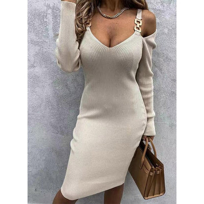 vmtvr - Autumn Winter Women&#39;s Casual Solid Color Long-sleeved Knitted Bodycon Dress V Neck Off Shoulder Sexy&amp;Club Elegant New Dress