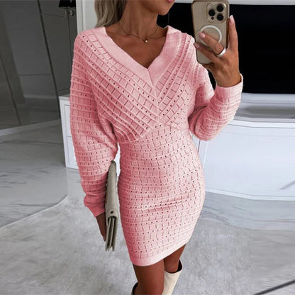 vmtvr Sexy Double V-neck Backless Knitted Dress Women Autumn Batwing Sleeve Slim Bodycon Dress Winter Solid Hollow Warm Pullover Dress