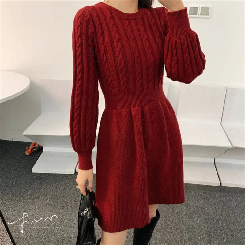 vmtvr Women Sweater Long Sleeve Dresses Autumn Winter Knitted Patchwork Slim O Neck Elegant Solid Color New Year Pullover Dresses