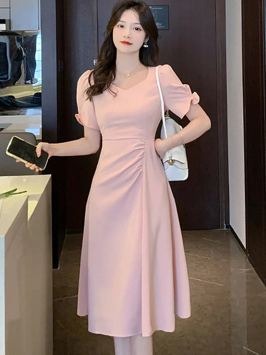 vmtvr Summer Pink Puff Sleeve Square Collar Midi Dresses Women Korean Vintage Hepburn Dress 2024 Black Dresses for Official Occasions