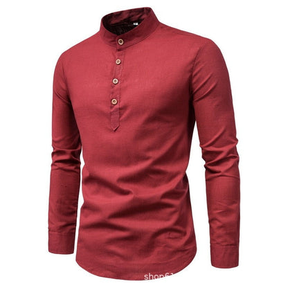 jiaabc Men's solid color casual slim fitting standing collar long sleeved business shirt shirt