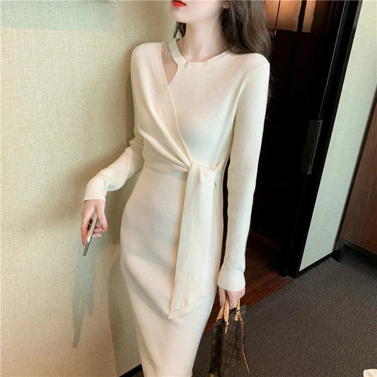 vmtvr Vintage Solid Knitted Dress Women Autumn Winter Elegant Lady Bandage Slim Sexy Midi Dress French Sweater One-piece Dress