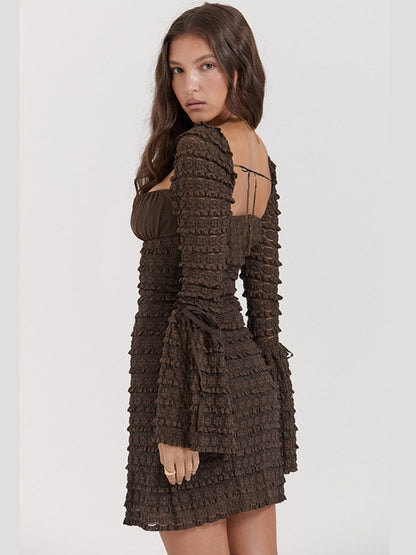 vmtvr - Elegant Multilayer Lace Backless Mini Dress Women Brown Square Collar Long Flare Sleeve Club Party Sexy Dress Autumn