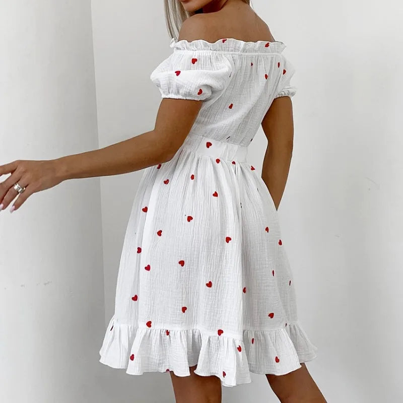 vmtvr Crepe Cotton Hemp Love Printed Dress Spring and Summer Women's Slash Neck Bubble Sleeves Leisure Vacation Beach Dress