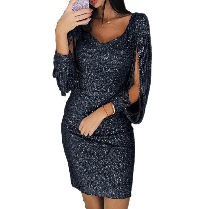 Sexy Women's Party Solid Dresses Sequined Stitching Shining Club Bodycon Long Sleeved Mini Dress Women Casual Fashion Vestidos