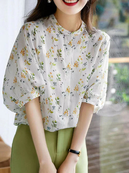 vmtvr Fashion Sweet Women Floral Blouse Japan Beach Elegant Puff Sleeve Top Casual O Neck Buttons Summer Female Casual Shirt New