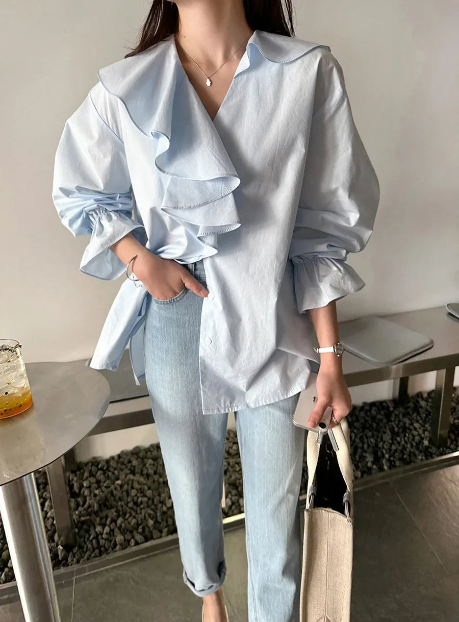 vmtvr Ruffles V-Neck Cotton Shirts Elegant Women Female Lantern Sleeve Tops Blouses Casual OL Shirt Blusas Spring Summer