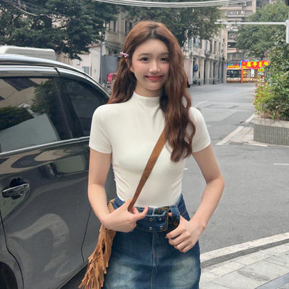 vmtvr Short Slim Turtleneck Pullover Inner Bottom Shirt Women Summer Spice Girls Design Tight Short Sleeve t-shirt Tops Soft