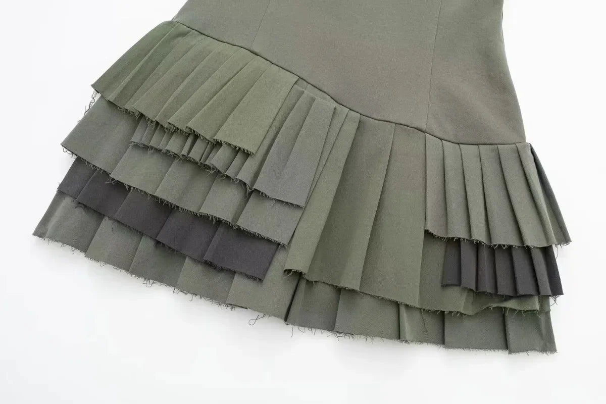 vmtvr 2024 Elegant Pitch Green Slip Dress Women Fashion Square Collar Sleeveless Mini Dress Female Spring Summer Lady Pleated Vestidos