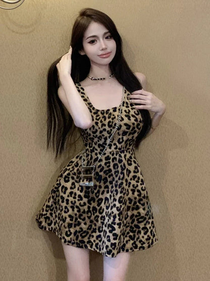 vmtvr Sexy Leopard Short Dresses for Women Summer Square Collar Sleeveless A-line Club Party Dress Elegant Prom Vestidos Mujer New
