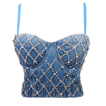 vmtvr Rhinestone Elastic Denim Corset Tops Women Summer Sleeveless Body Shaping Crop Cami Tops Blue Denim Sparkly Bustiers Tee