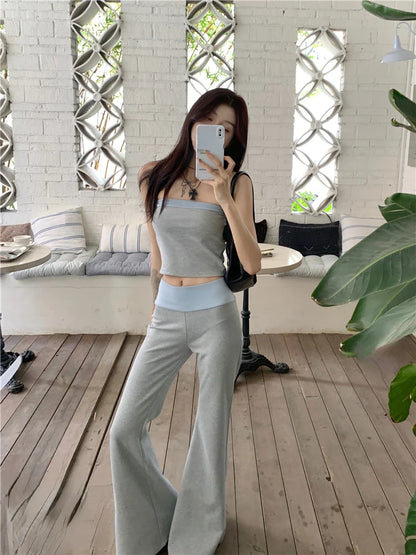 vmtvr 2024 New Temperament Fashion Gyaru Set Women Summer Contrast Color Tube Top Vest Slightly Flared Trousers Two-piece Set Fashion