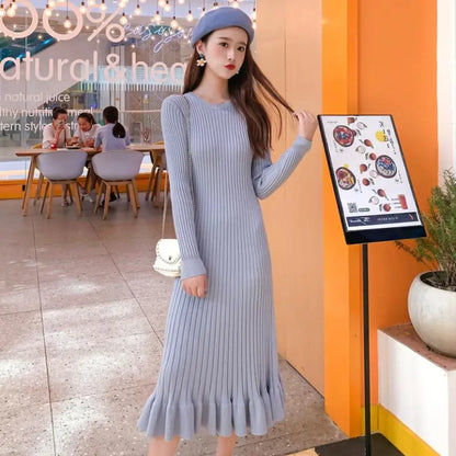 vmtvr Thick O-Neck Long Sweater Dress for Women Elegant Casual A-line Slim One-Piece Sexy Long Sleeve Knitted Dress Autumn Winter