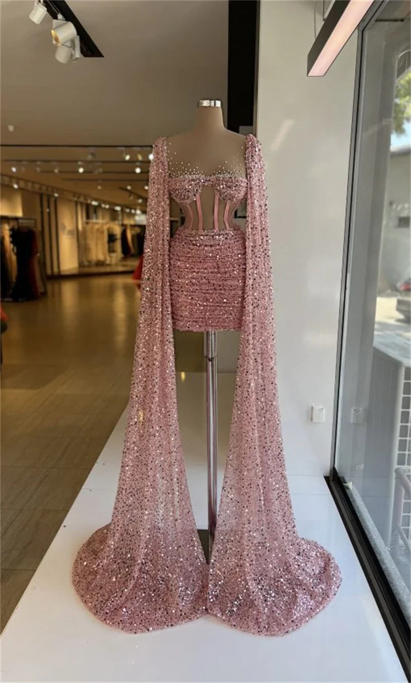 vmtvr  -  Glitter Pink Prom Dresses Long Sleeves Sequins Mini Evening Dress Custom Made Above Knee Length Party Gown