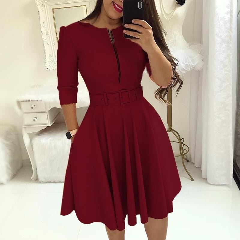 vmtvr - Elegant Women Solid Half Sleeve Party Dress Autumn Casual Zipper Knee-length Midi Dresses Ladies Big Swing Club Dress Vestidos