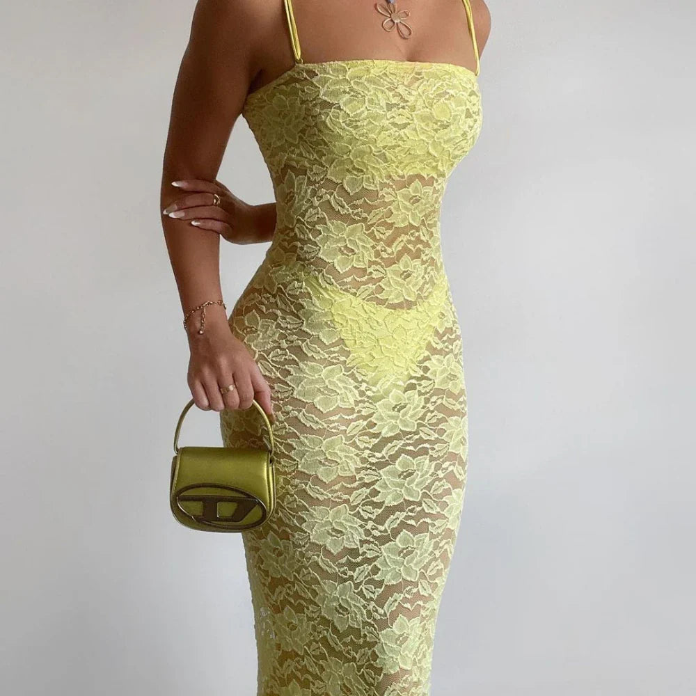 vmtvr  -  Yellow Lace Maxi Dress Women Fashion Spaghetti Strap Long Evening Party Dresses Sexy See Through Club Night Summer Dress