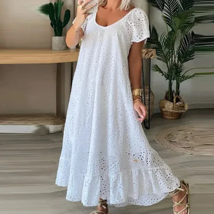 Fashion O-neck Ruffled Long Dress 2024 Elegant Lace Crochet Hollow Loose Party Dress Women Casual Short Sleeve Solid Maxi Dress