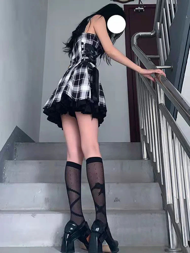 vmtvr  -  Kawaii Lolita Plaid Mini Dress Gothic E Girl Y2k Dresses Ulzzang Sweet Aesthetic Sets Sundress Fairy Grunge Cute Mall Dresses