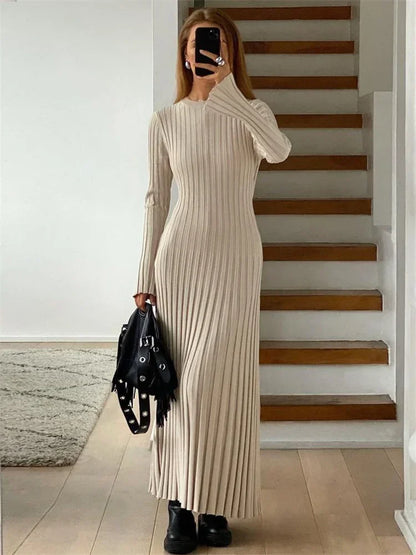 vmtvr Lace-Up Female Knit Maxi Dress Autumn High Waist Fashion Patchwork Long Sleeve Loose Solid Dress Bandage Knitwear Dress