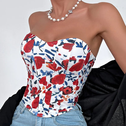 vmtvr Women's Summer Floral Printed Corset Tops Sexy Strapless Bodyshaper Bustier Crop Top Female Fashion Slim Back Hook Tank Tops