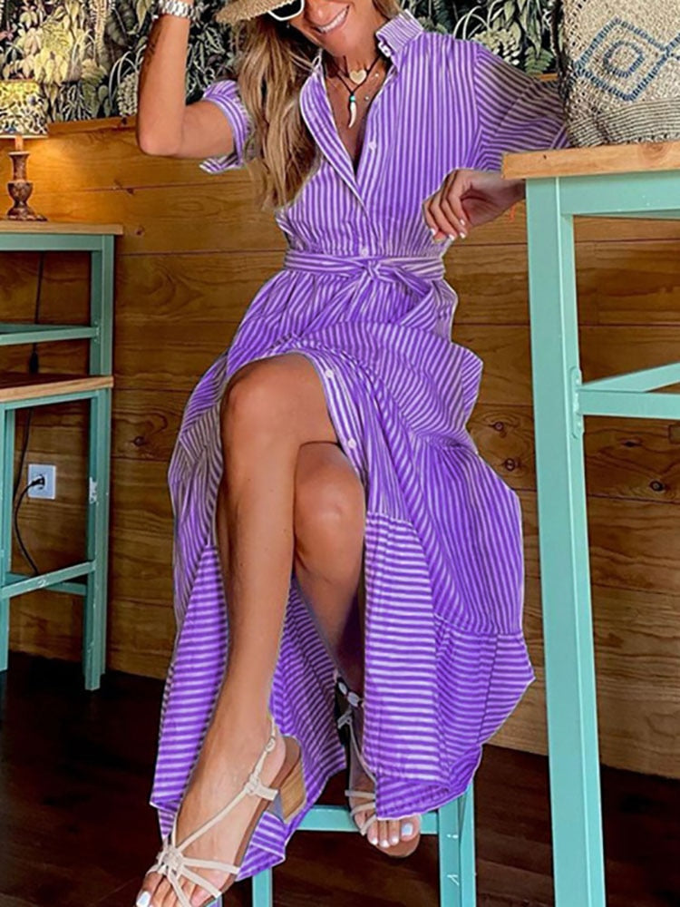 Women Elegant Striped Short Sleeve Maxi Dress New Fashion Lace-Up Belt Party Dress Sexy Loose Hem Shirt Long Dress Vestidos