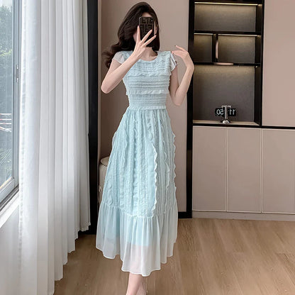 2024 New Summer Blue Chiffon Holiday Dress Fashion Sweet Women O Neck Short Sleeve Ruffles Fold Slim Waist Party Midi Clothes