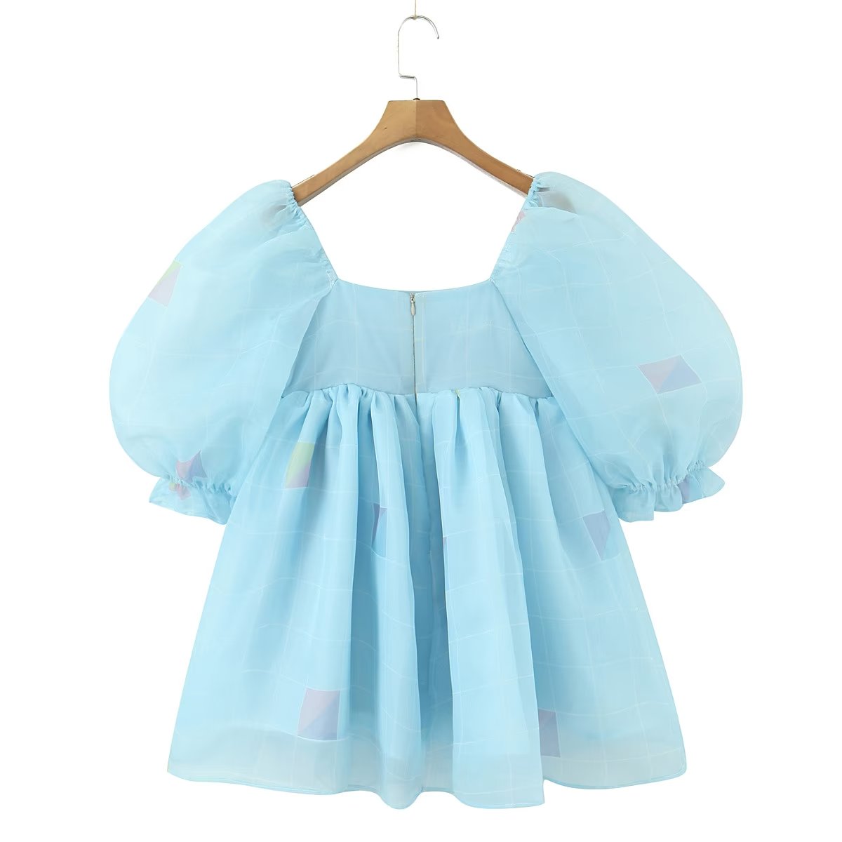 Summer Women Sky Blue Plaid Organza Dress Vintage Puff Sleeve Ladies Holiday Party Mini Robe