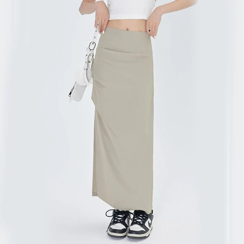 vmtvr High Waist Women Skirts Summer American Style Elegant Folds Ankle Length Skirts Female Casual All Match Split Skirts New