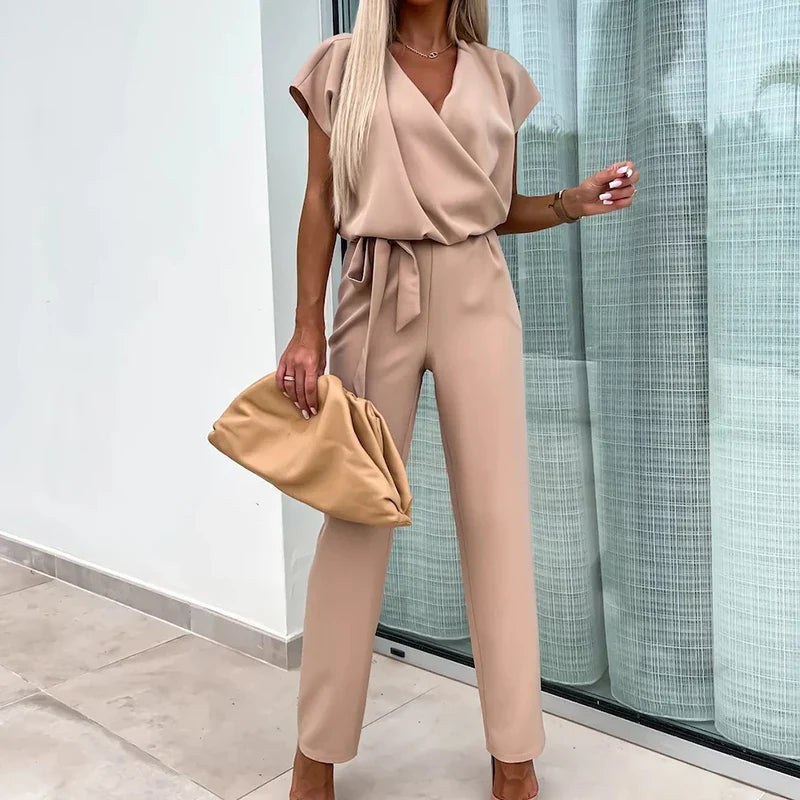 vmtvr Commuter Lady Elegant Straight Jumpsuits Spring Wrap V Neck Belted Women Playsuit Romper Summer Short Sleeve Solid Slim Overalls