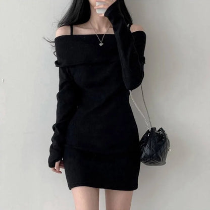 -Korean Knitted Mini Dress Women Off Shoulder Sexy Bodycon Dress Autumn Winter Solid Pullover Dresses  Suspender Sweater