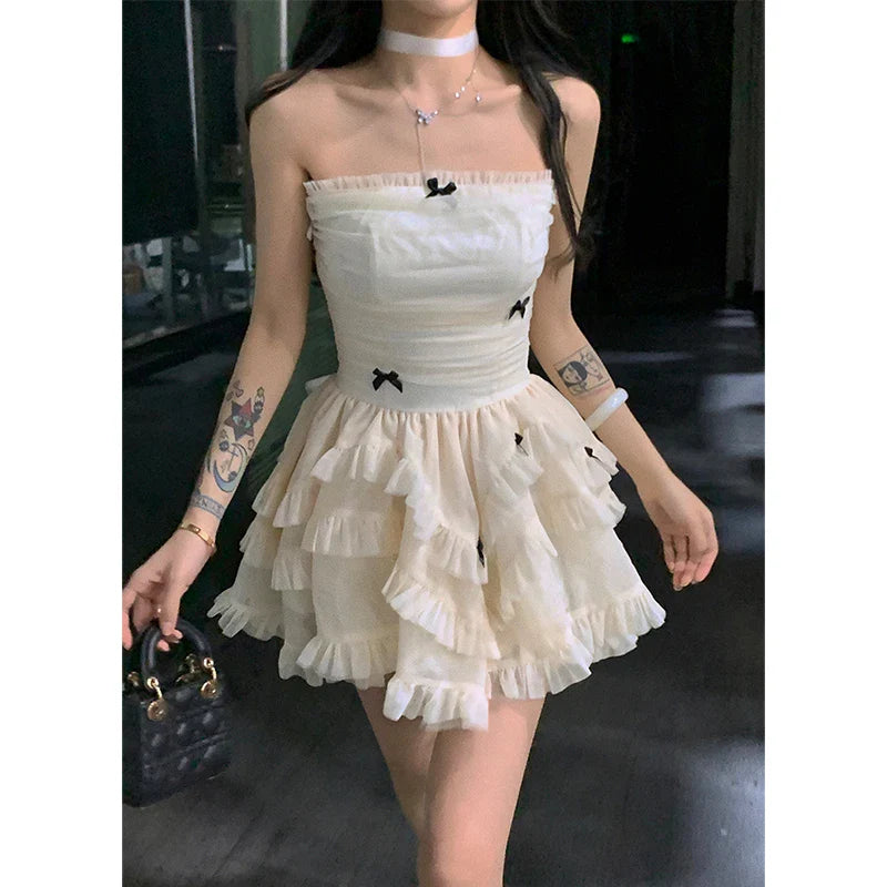 vmtvr  -  Korean Y2k White Mini Dress for Women New Summer Casual Tulle Bralette Sleeveless Lolita Birthday Cake Puff Female Clothes