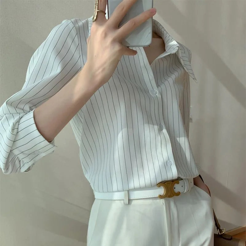 vmtvr White Stripe Long Sleeve Shirt Woman Office Ladies Basic Blouses Old Money Style Korean Fashion Summer Loose  Aesthetic