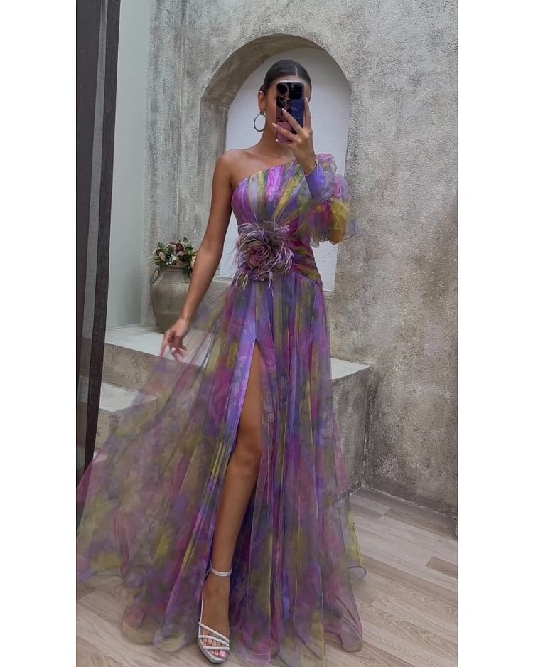 vmtvr - Elegant Tie-dye Print Dress Women  Fashion Oblique Shoulder Pleated Long Dresses 2023 Summer Autumn Lady Party Evening Vestidos