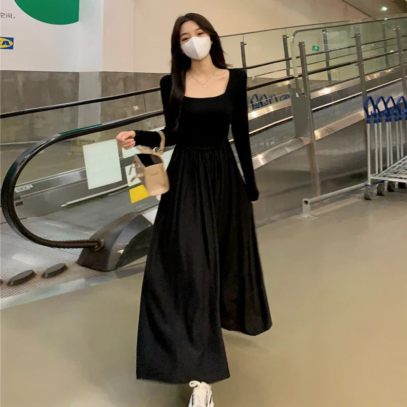 vmtvr  -  Spring New Hepburn Style Gentle Temperament Pocket Waist Slim Panel Large Hemline Long Sleeve Dress