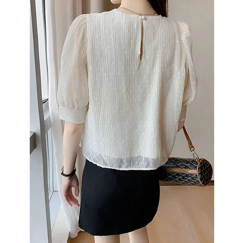 vmtvr Summer Fashion White Comfortable Chiffon Button Shirt Women Casual Mesh Short Sleeve Elegant Chic Sweet Blouse Ladies Tops