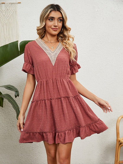 Summer Short Sleeve Dresses For Women Fashion Lace Stitching V Neck Elegant Plus Size Beach Casual Ruffles Mini Dress Vestidos