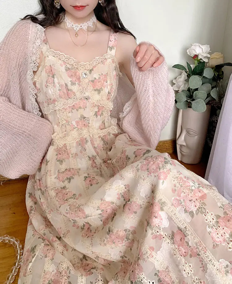 vmtvr Chiffon Lace Strap Dress Women Floral Embroidery Fairy Vintage Long Dress Female Sweet Princess Casual Party Dresses Summer