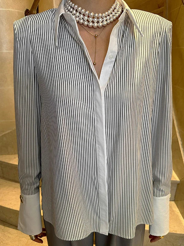 vmtvr Chic Casual Lapel Women Patchwork Striped Blouses Tops 2024 Spring Summer Long Sleeve Loose Single-breasted Female Shirts T906