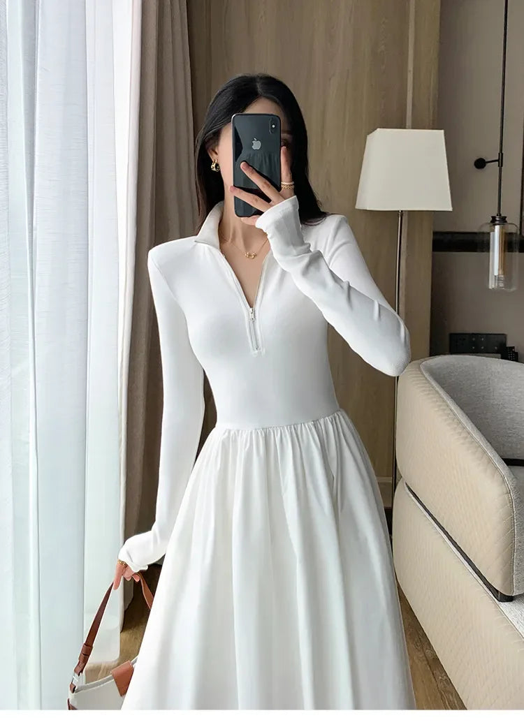 vmtvr  -  Korean Vintage White Long Sleeve Knitted Midi Dresses for Women Autumn Casual Fashion Slim Elegant Party Female Clothing