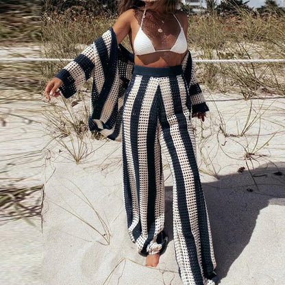 vmtvr Fashion V Neck Button 3/4 Sleeve Shirt+ Long Pants Sets Casual Striped Printed Knitted Beach Suit Summer Women's Loose Outfits