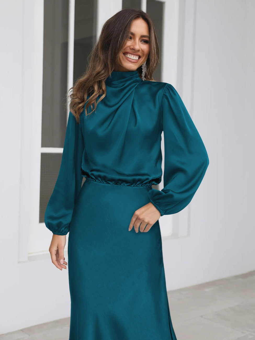 vmtvr - Dresses for Women 2023 Autumn New Satin Long Sleeved Loose Dress Elegant Evening Dresses High Waisted Party A Line Vestidos