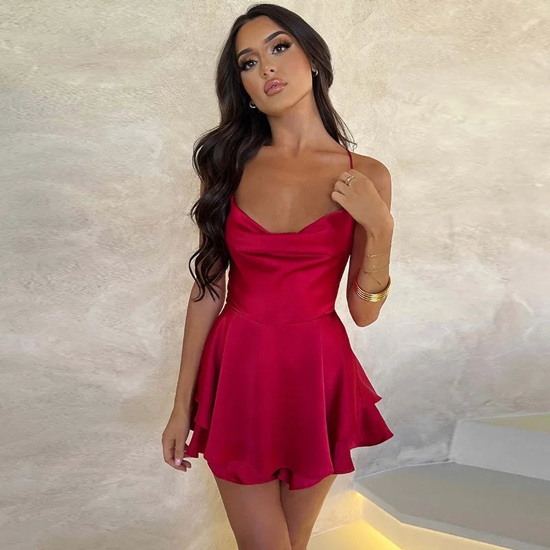 vmtvr Satin Sexy Backless Suspender Dress Summer Women's High WaistTemperament Slim Fit Elastic Backless Strap A-line Evening Dress