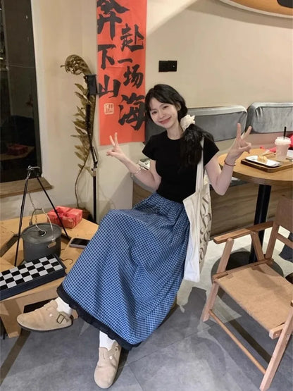vmtvr Vintage Skirts for Women Korean Jupe High Waist A-line Loose Saia 2024 Faldas Casual Chic Plaid Summer Long Skirt
