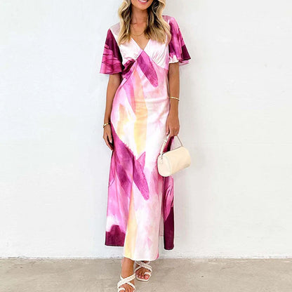 vmtvr Sexy V-neck Tie Dye Printed Long Dress 2024 Summer Short Sleeved Side Slit Beach Dress Elegant Women's Slim Party Dress Vestidos