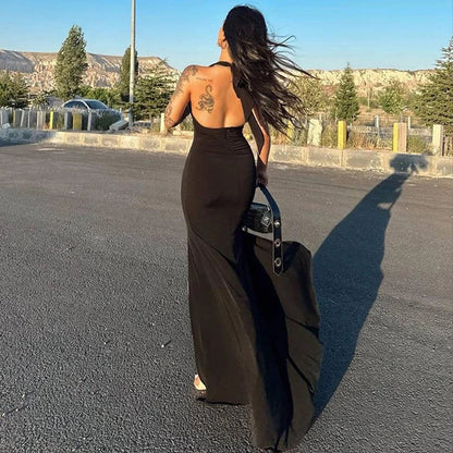 vmtvr New Black Maxi Dress Women Summer Sexy Backless Sleeveless Halter Party Split Dress Simple Fashion Casual Elegant A-LINE Dresses