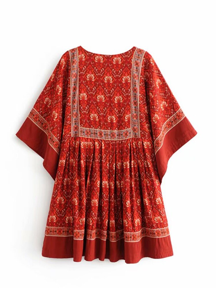 vmtvr Vintage Chic Fashion Women Red Floral Print O-neck Loose Bohemian Mini Dresses Ladies Batwing Sleeve Cotton Beach Boho Dress